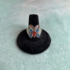 RARE VINTAGE SILVER CORAL & TURQUOISE BUTTERFLY RING NAVAJO NATIVE AMERICAN RING